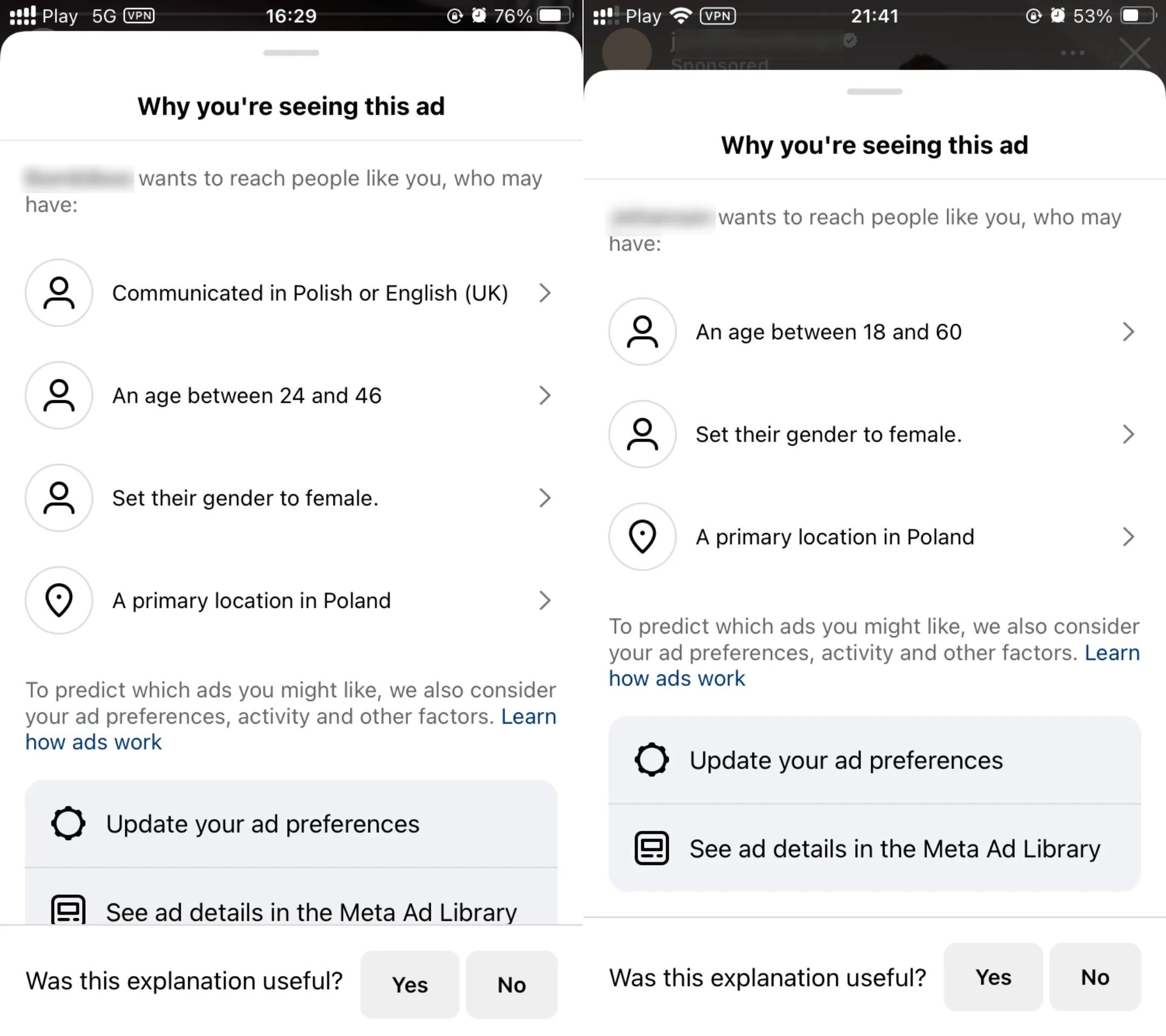 Zrzut ekranu prezentującego parametry targetowania dwóch reklam. Po lewej: Komunikują się po angielsku lub polsku, Wiek pomiędzy 24 a 46 lat, Ustawiona płeć kobiety, Podstawowa lokalizacja w Polsce. Po prawej: Wiek pomiędzy 18 a 60 lat, Ustawiona płeć kobiety, Podstawowa lokalizacja w Polsce