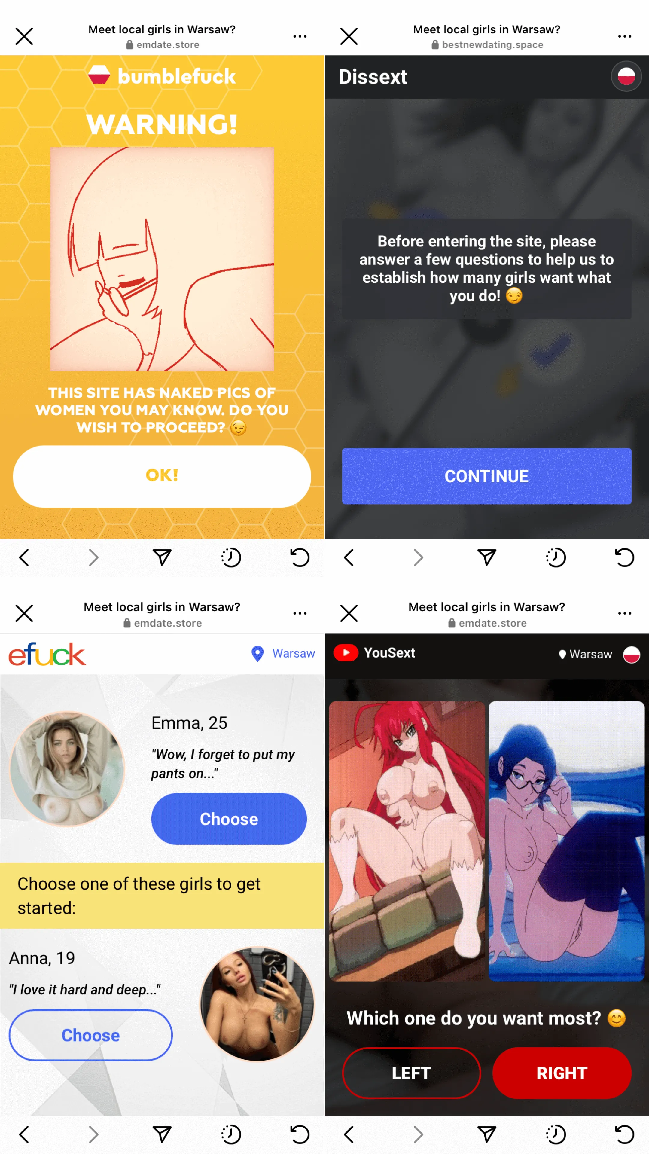 Zrzuty ekranu prezentujące strony internetowe z treściami pornograficznymi